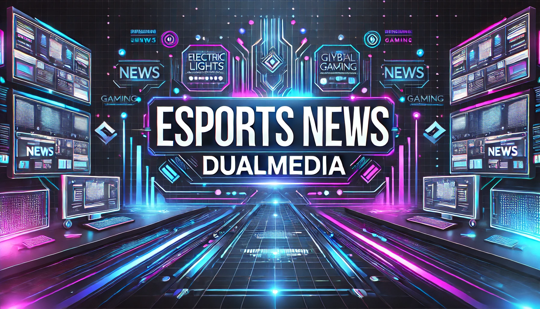 DALL·E 2Esports News DualMedia025-10-01 01.03.14 - A wide esports-themed digital banner with the text 'Esports News DualMedia'. The design should be modern and futuristic, featuring neon lights, glowin Esports News DualMedia